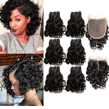 Bouncy Curly Bundles With Closure 4x1 T Part Lace Closure Short Brazilian Human Hair Curly Bundles With Closure