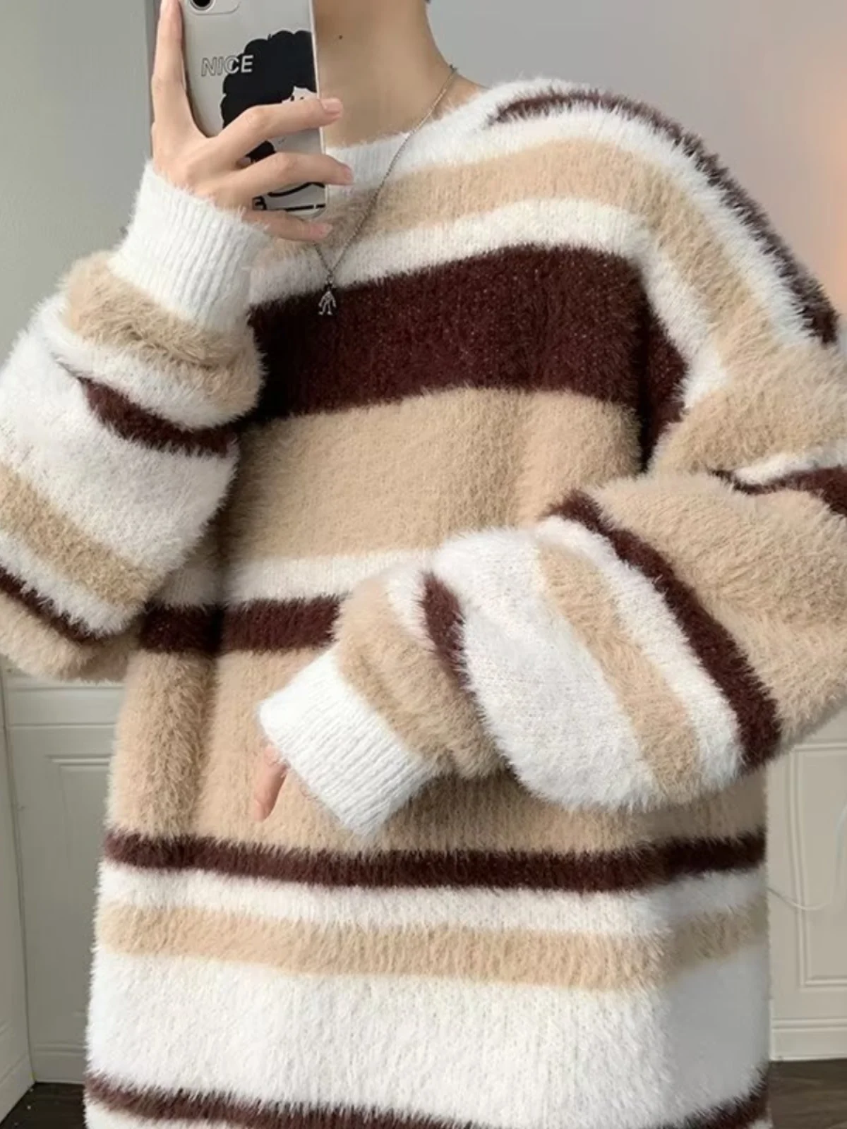 

Мужской свитер с круглым вырезом, свободный трикотажный пуловер оверсайз с длинным рукавом, весна-осень 2024