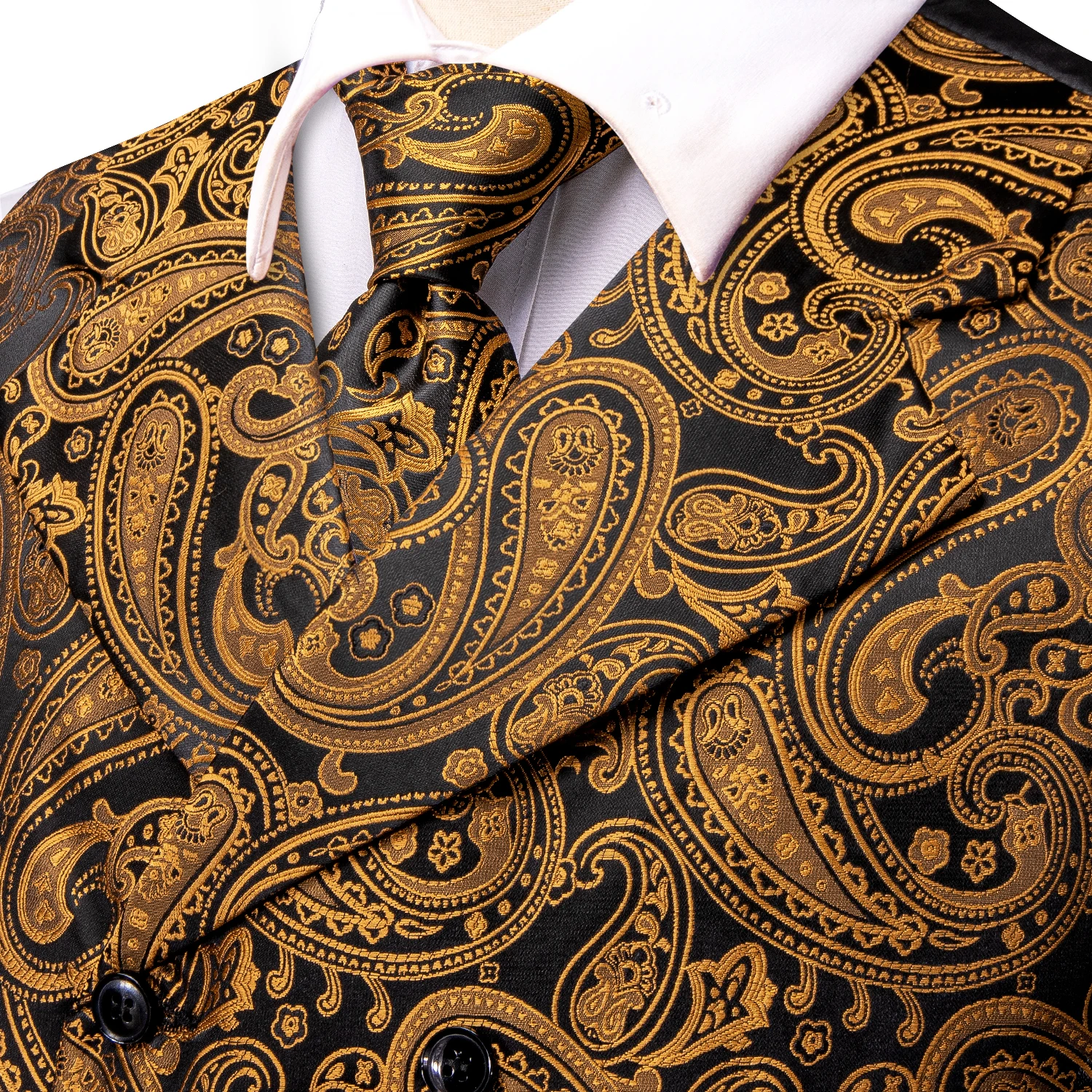 Luxury Silk Mens Vest Gold Black Classic Paisley Jacquard Waistcoat Jacket NeckTie Hanky Cufflinks Men Business Party Hi-Tie dress vests