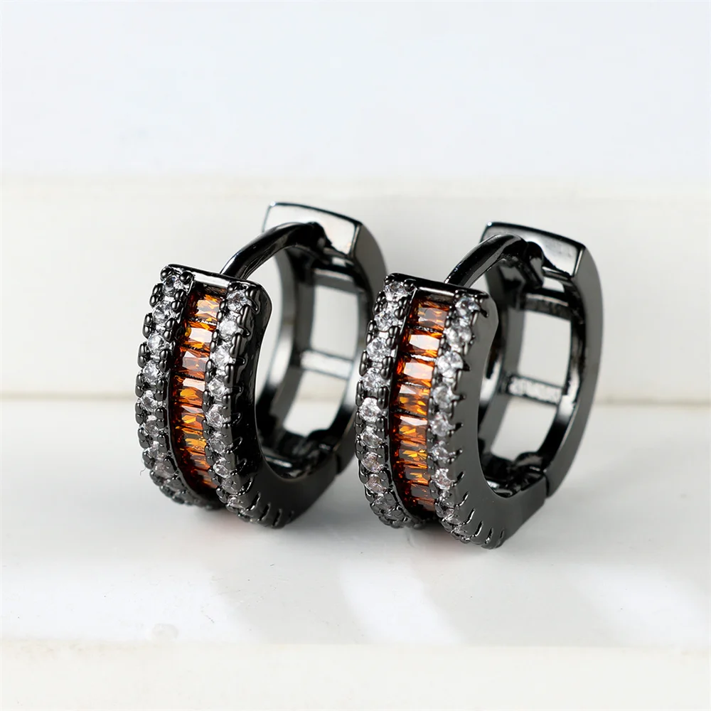 Vintage Black Metal Hoop Earrings Luxury Crystal Multicolor Zircon Round Earrings For Women Simple Fashion Square Stone Jewelry