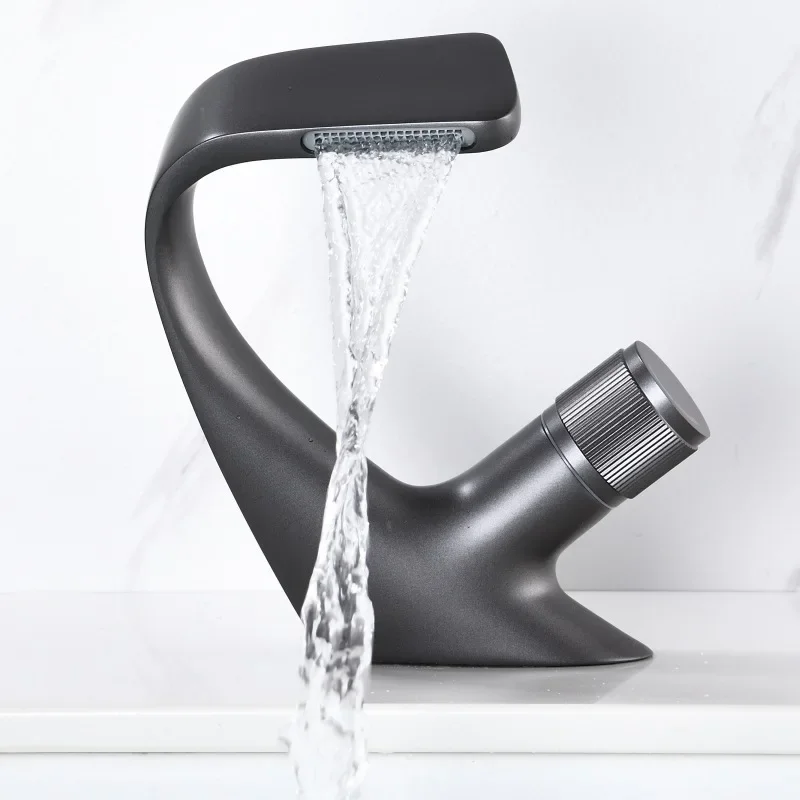 

Grey Black Brass Basin Faucets Waterfall Deck Mount Bathroom Mixer Hot Cold Crane Sink Water Single Hole Tap Kitchen Accessories