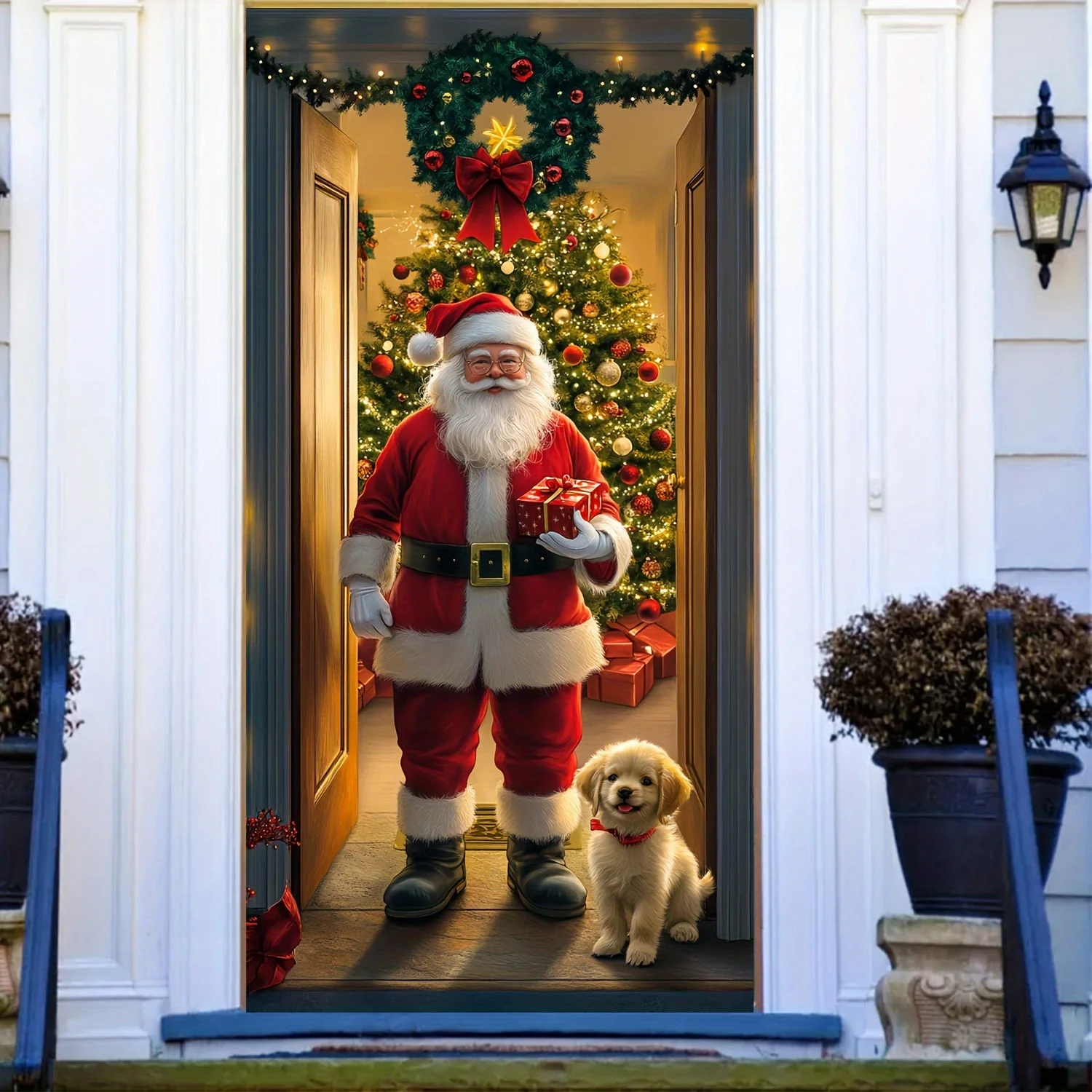Santa Claus & Christmas Tree Door Cover 35.4x70.8" Festive Holiday Decoration Hanging Entrance and Room
