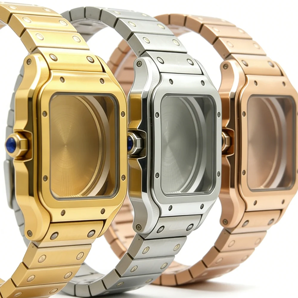 Golden Stainless Steel Waterproof Watch Case and Strap for 38MM Square Men's Watch