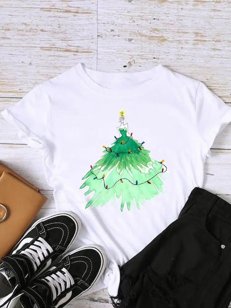 

Watercolor Cartoon Trend Lady New Year Shirt Print Women Tee Christmas Holiday Top Fashion Clothing Clothes Graphic T-shirts