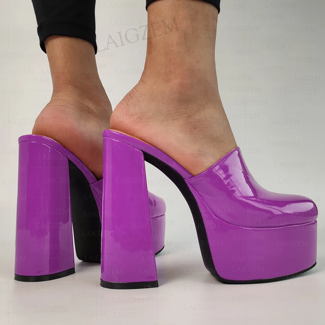 

BERZIMER Women Platform Heels Pumps Round Toe Mules Chunky High Heels Party Sandals Shiny Ladies Shoes Woman Big Size 40 43 47