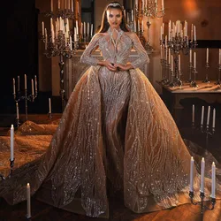 Luxurious Wedding Mermaid Dresses Champagn Long Sleeve Vintage Bridal Gowns Custom Made Applique Party Dress Vestido De Novia
