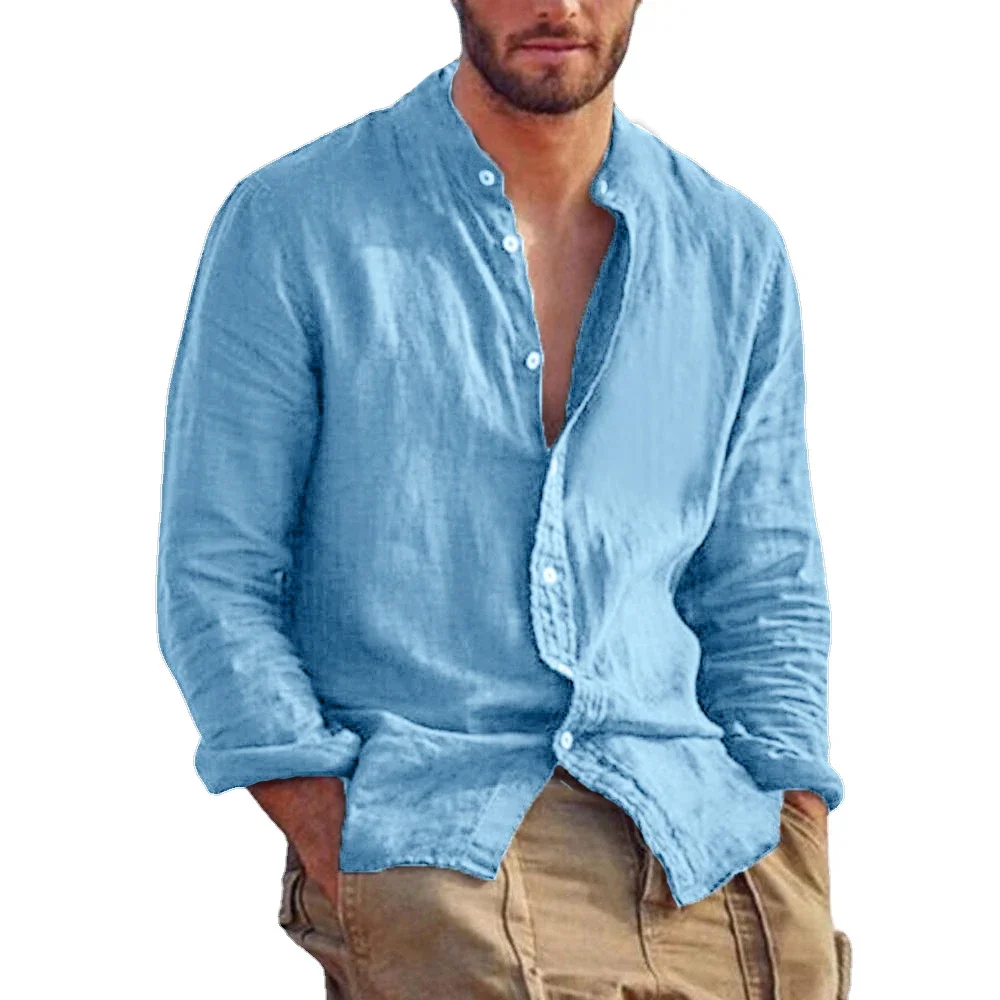 Men's Long Sleeve Shirt Linen Cotton Shirts Stand Collar Casual Beach Tops linen shirt,cotton shirt