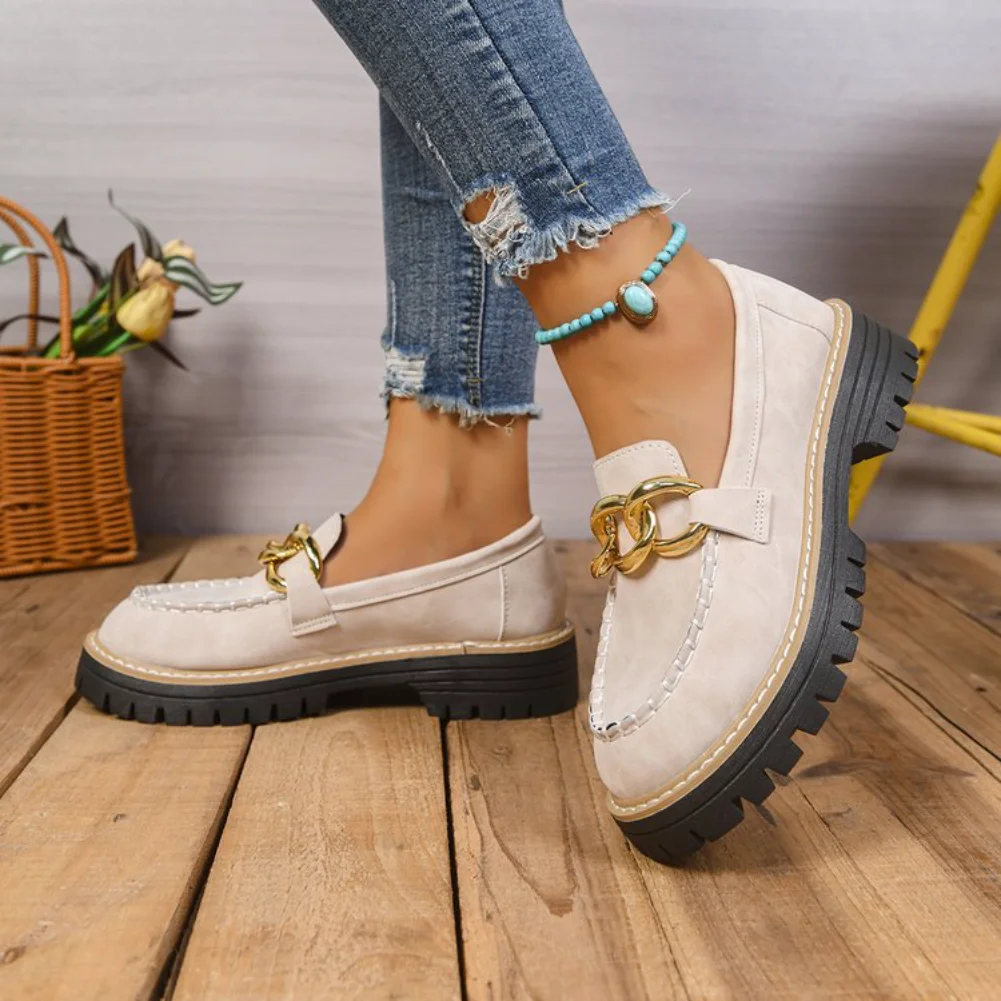 Woman Loafers Retro Autumn Shoes Ladies Large Size British Style Thick Heel Shoes Round Toe Outsole Korean Style Sneakers Woman