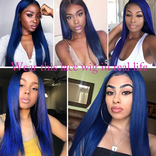Usmei Dark Blue Straight Lace Front Wig HD Silky Straight Synthetic Lace Wigs Heat Resistant Fiber