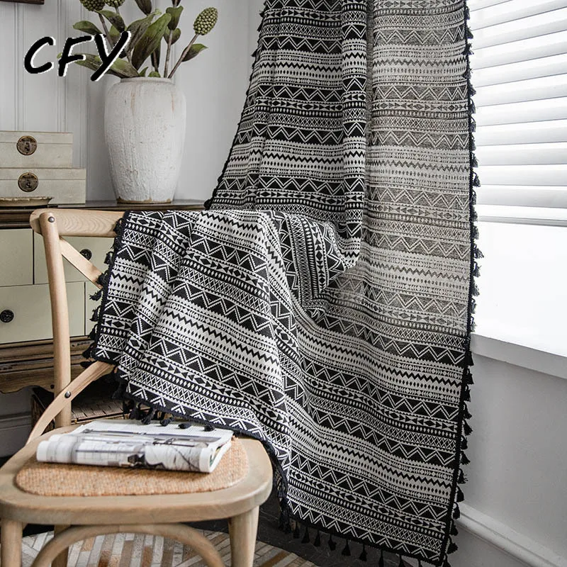 

Cotton LinenBlack and White WaveTassel Window Curtain Blackout Drapes for Living Room Thickening Bedroom Kitchen Door Drapes