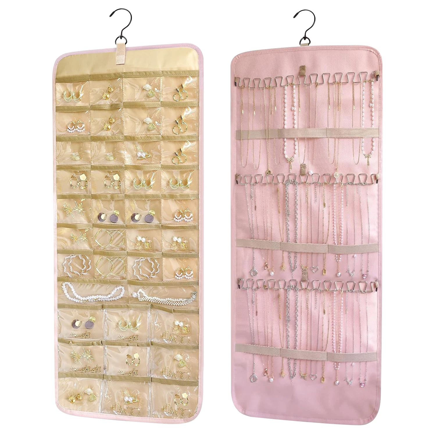 Hanging Jewelry Organizer Storage Roll with Hanger Metal Hooks Double-Sided Jewelry Holder for Earrings, Necklaces,bracelet