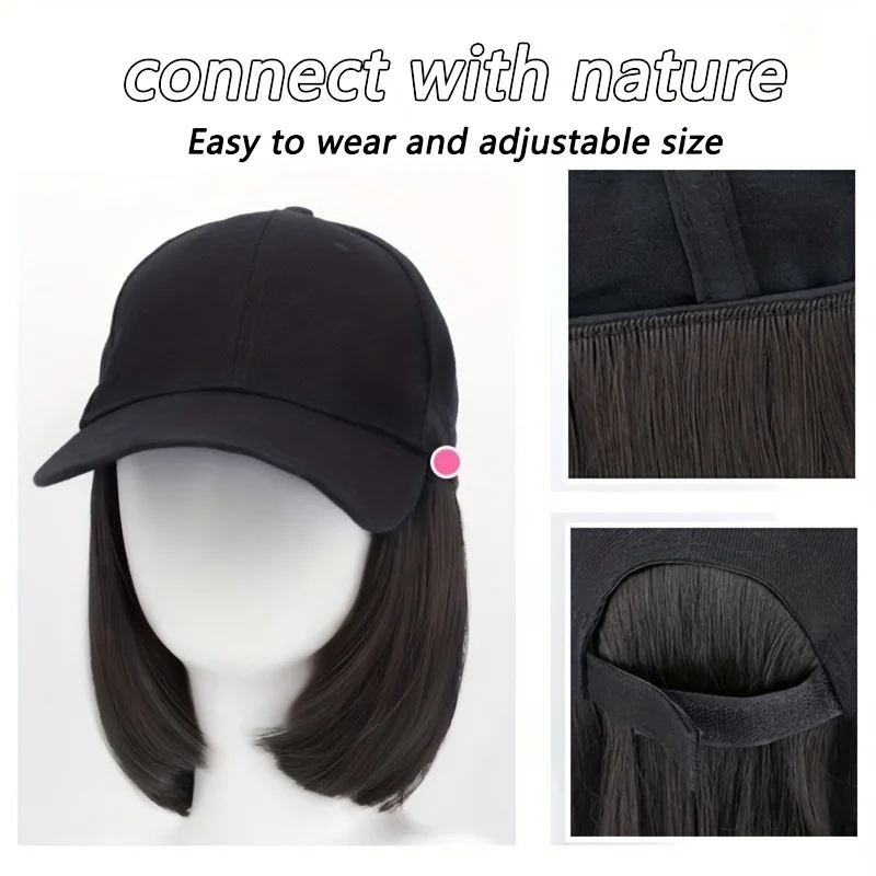Synthetic Bob Hat Wig Women's Black Cap Sun Hat Short Straight Hair Extension Daily Wear Heat-resistant Baseball Cap Adjustable
