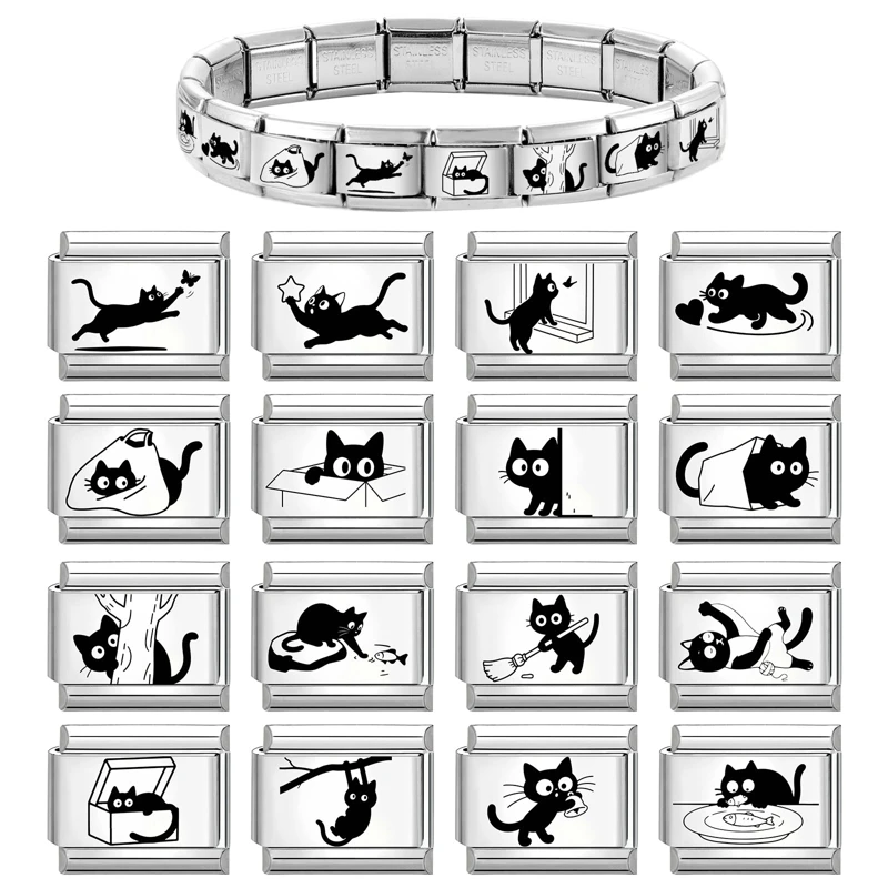 Laser Engraving Cute Cartoon Black Playing Cats Italian Charm Links Fit 9mm Stainless Steel Bracelet Men Women DIY Making Gifts