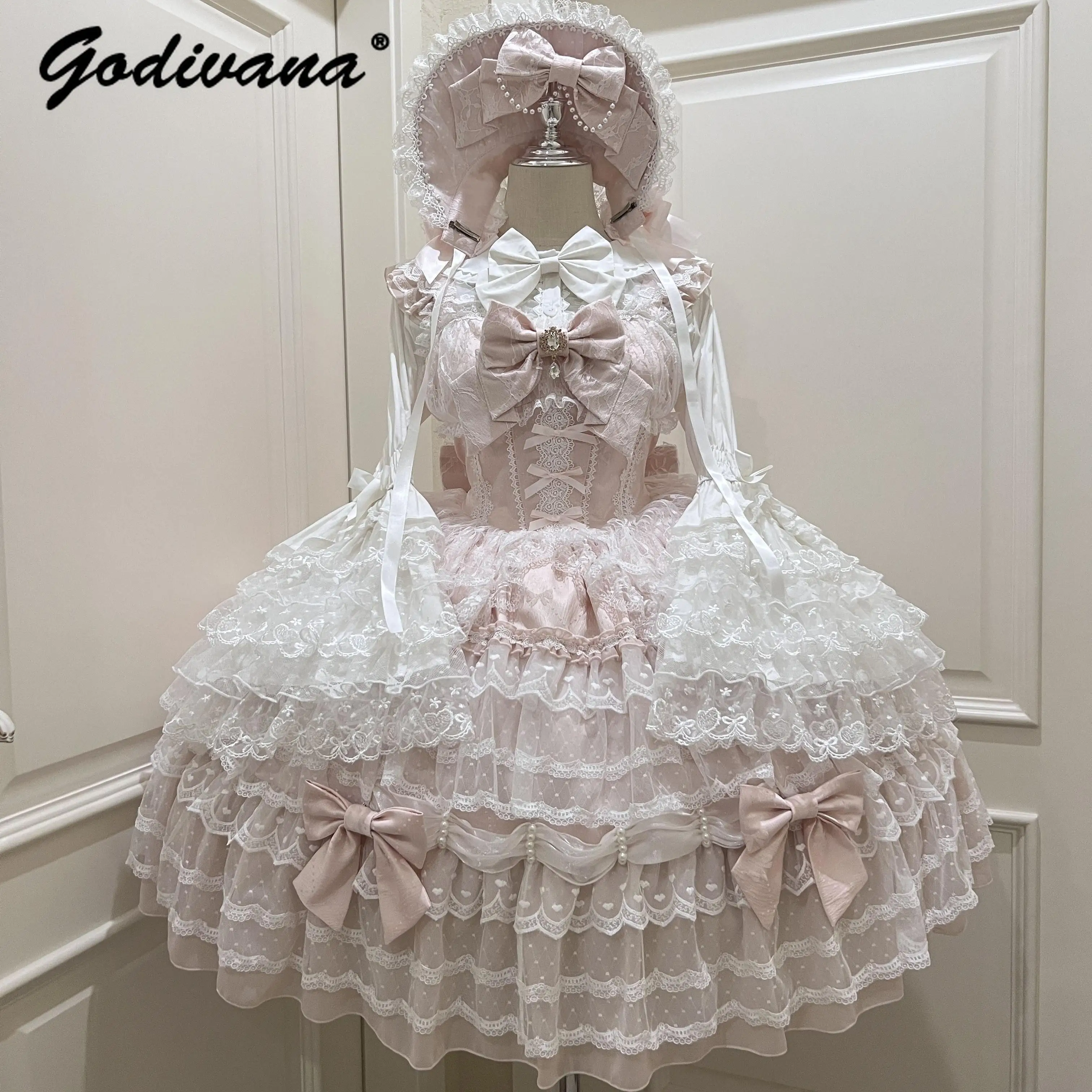 Original Design Lolita Sweet Dress Set Girl Women's Cute Lace Flare Sleeve Inner Shirt Fairy Lace Bow Jsk Suspender Cake Dress 3