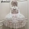 Original Design Lolita Sweet Dress Set Girl Women's Cute Lace Flare Sleeve Inner Shirt Fairy Lace Bow Jsk Suspender Cake Dress 3
