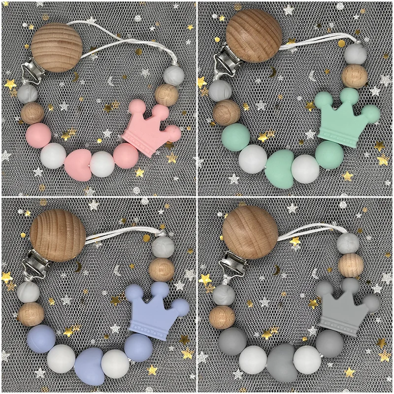 Baby Silicone Pacifier Clips Round Beech Wooden Beads Dummy Holder Clip For Teether Nursing Chew Toys Soothing Nipple Chain Gift