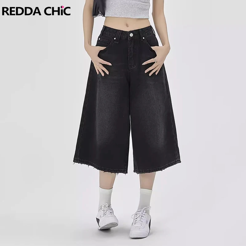 

REDDACHiC Black Whiskers Boyfriend Baggy Jorts Women Men Low Rise Wide Leg Oversize Pants Unisex Denim Shorts Y2k Retro Clothes