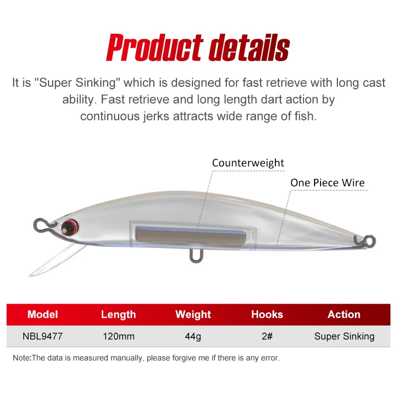 Noeby 120mm 44g Heavy Sinking Minnow Fishing Lure Long Casting Wobbler Artificial Hard Bait for Sea Bass Saltwater Fishing Lure