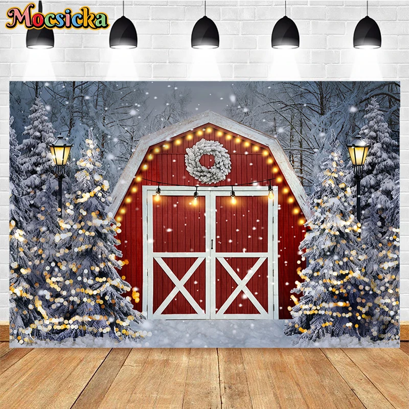 

Christmas Tree Photography Backdrops Xmas Red Barn Kids Baby Birthday Portrait Background Winter Snow Scene Frozen Forest Photo