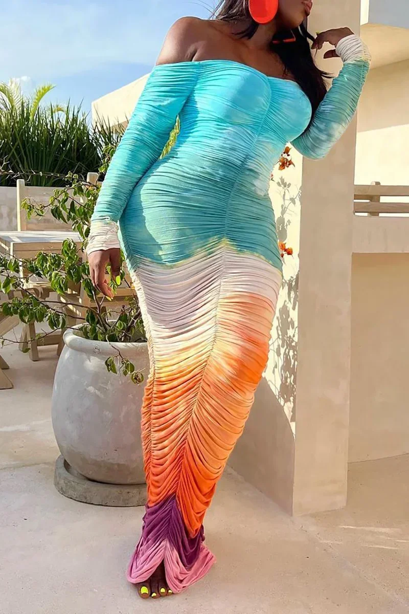 

Elegant Pretty Women's Dresses Plus Size Shirring Ruched Tie Dye Off the Shoulder Long Sleeve Bodycon Slim Wedding Guest Dress