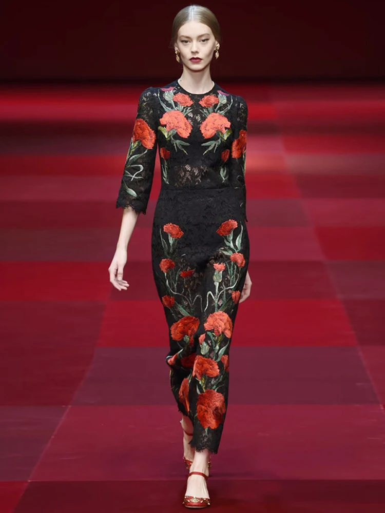 Runway-Flower-Embroidery-Lace-Dress-for-Women-Long-Black-Party-Dress ...