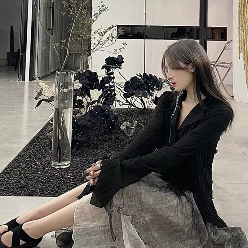 Harajuku Dark Academic Shirt Women Streetwear Vintage Y2K Blouse Sexy Gothic Long Sleeve Irregular Female Spring New Tops