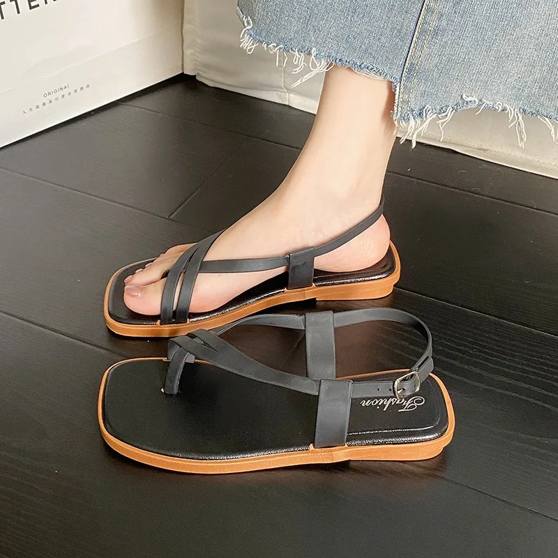 New Women's Summer Outdoor Wear French Elegant Flat Bottom Sandals High Quality PVC Material Adults Roman Slippers