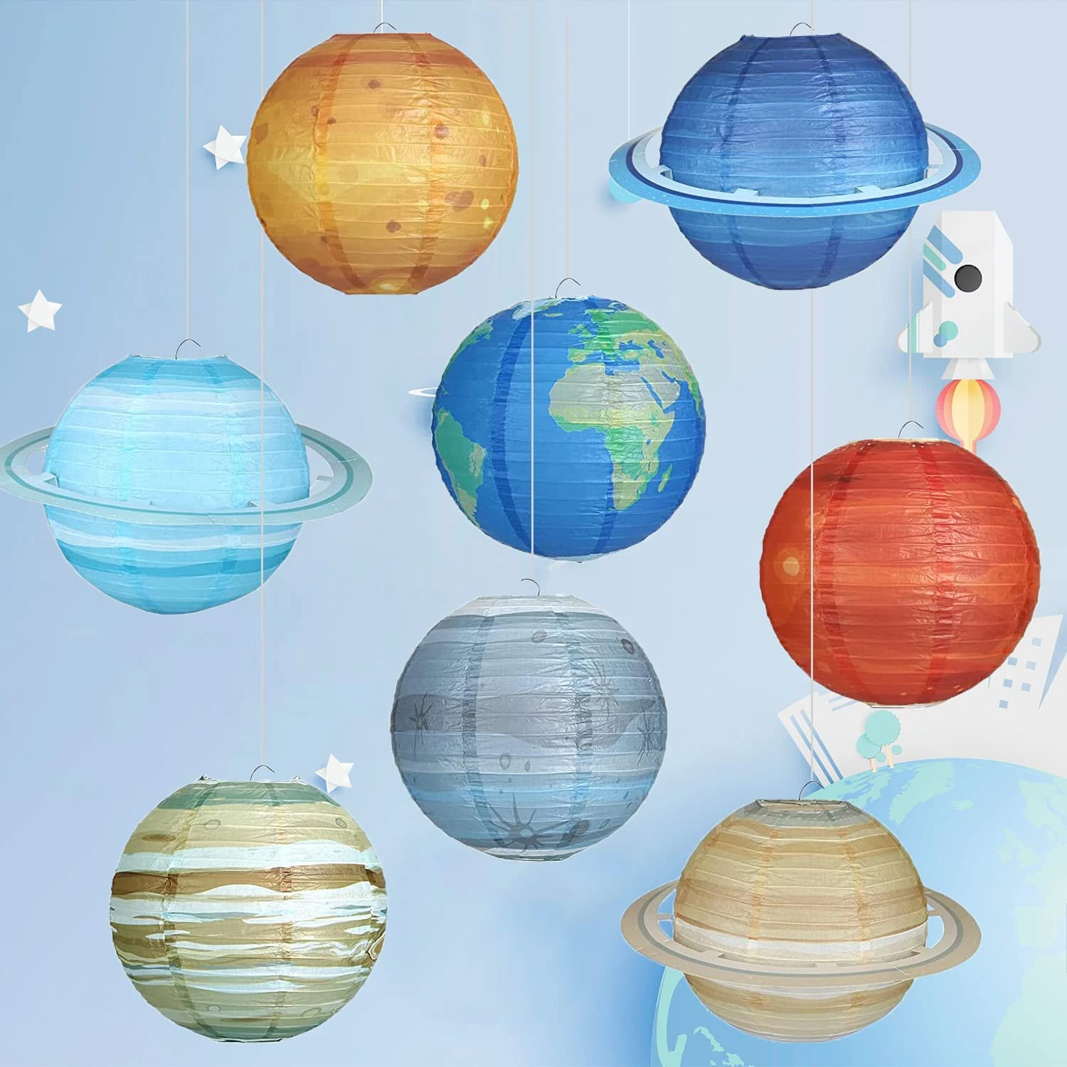 Eight Outer Space Paper Lanterns Hanging Solar System for Kids Galaxy Starry