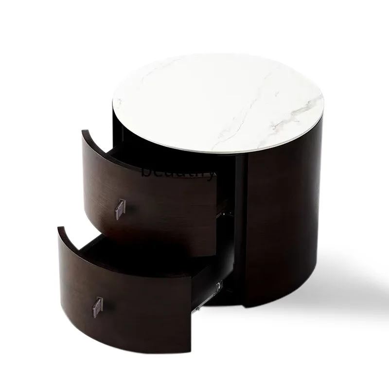 

Italian Modern round Bedside Table Smoked Solid Wood Veneer Stone Plate Desktop