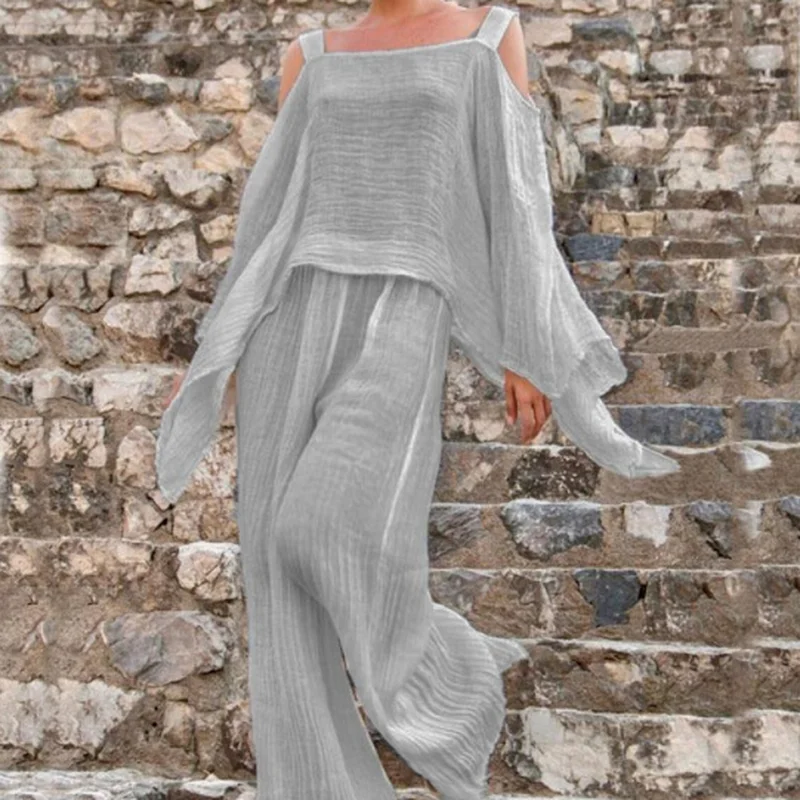 Two-piece Cotton Temperament Pleated Solid Color Casual Fashion Long-sleeved Suspender Top + Wide-leg Trousers Women Pants 2021