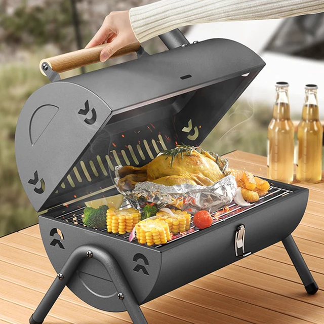 Integrated Portable BBQ Grill Camping Round Barbecue Oven Smoking