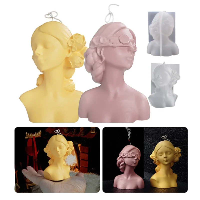 3D Rose Blindfolded Eye Closing Girl Silicone Candle Mold Handmade Candle Making Kit DIY Plaster Resin Soap Production Tool