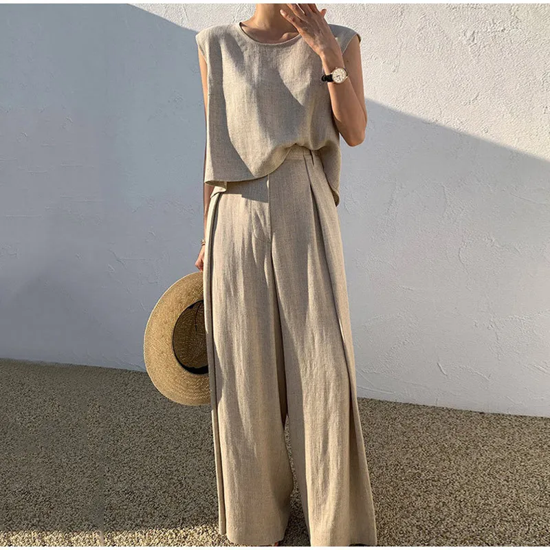 Cotton Linen Suit For Women Sleeveless O-Neck Tank Top Wide Leg Pants Two Piece Sets Casual Office Ladies Loose Summer Outfits