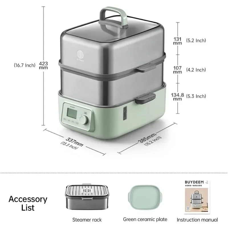 BUYDEEM G67US-A503 Electric Food Steamer for Cooking, 2 Tire Stainless Steel Steamer with Manual Mode, 1500W, 14 Quart, Green 6