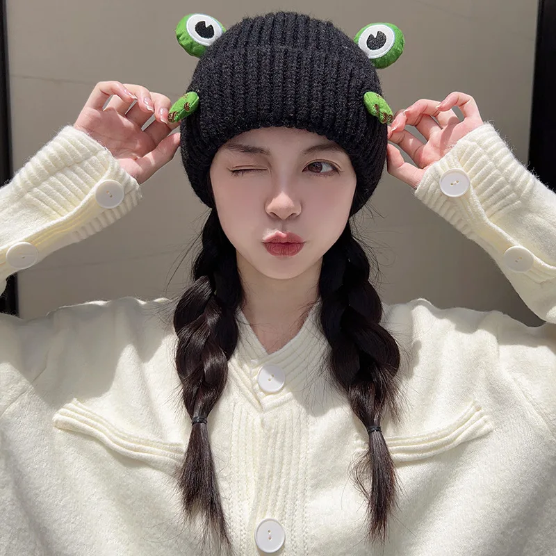 New Japanese Streetwear Harajuku Beanie Frog  Knitted Hat Women Autumn Winter Cute Frog Cap 2