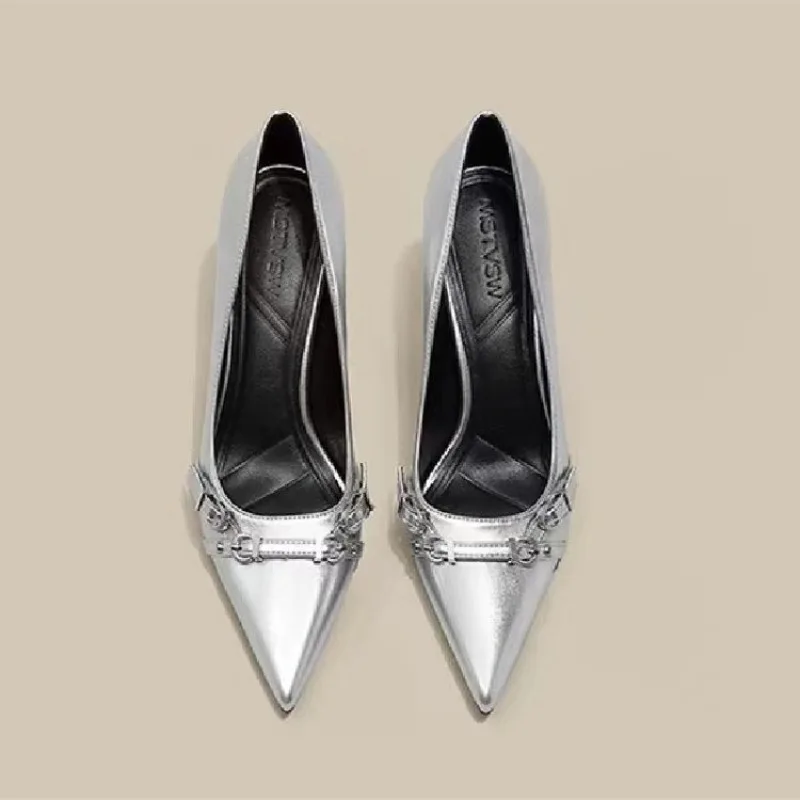 Luxury Brand Designer Women Sandals Fashion Pointed Toe Buckle Strap Metal High Heeled Kitten Heel Elegant Single Shoes Female 4