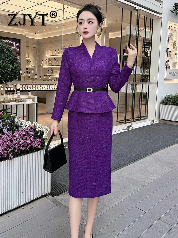 

ZJYT Elegant Purple Tweed Woolen Dresses for Women 2023 Autunm Winter Long Sleeve Midi Office Work Wear Plus Size Party Robe