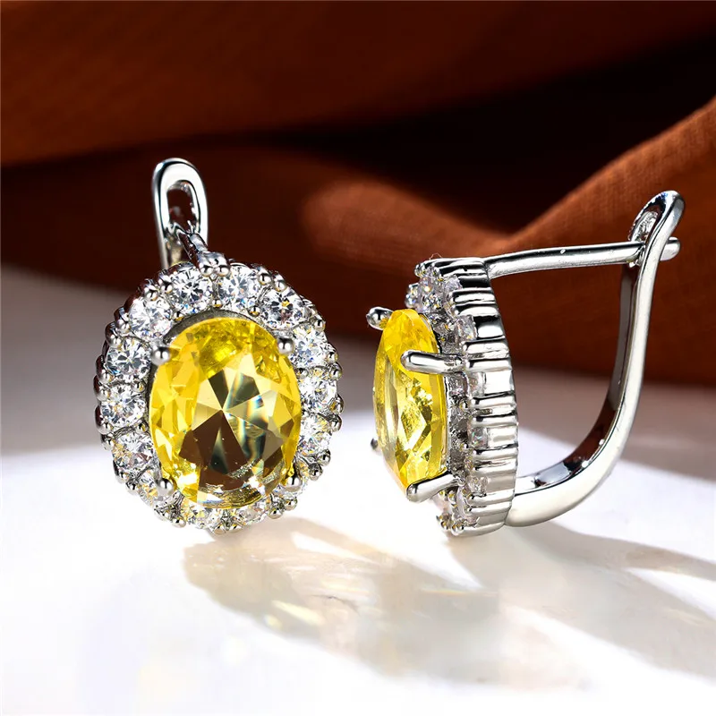 Luxury Crystal Yellow Oval Stone Earrings Multicolor Zircon Small Wedding Jewelry For Women