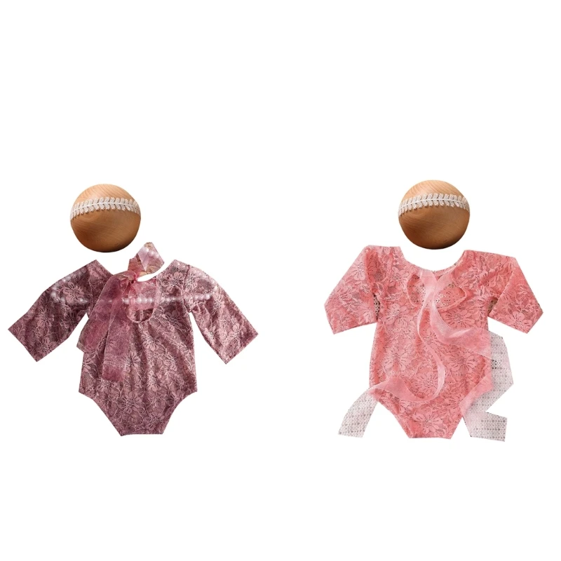 

Q0KB 1 Set Baby Photography Clothing Lace Romper Bodysuit & Headwear Shower Gift Photos Props for 0-1 Month Newborns