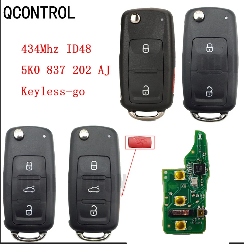 Qcontro 5K0 837 202 AJ Flip Remote Car Key Fob 434MHz CAN ID48 for VW Volkswagen Touareg Beetle Golf Jetta 2011 20125K0837202AJ