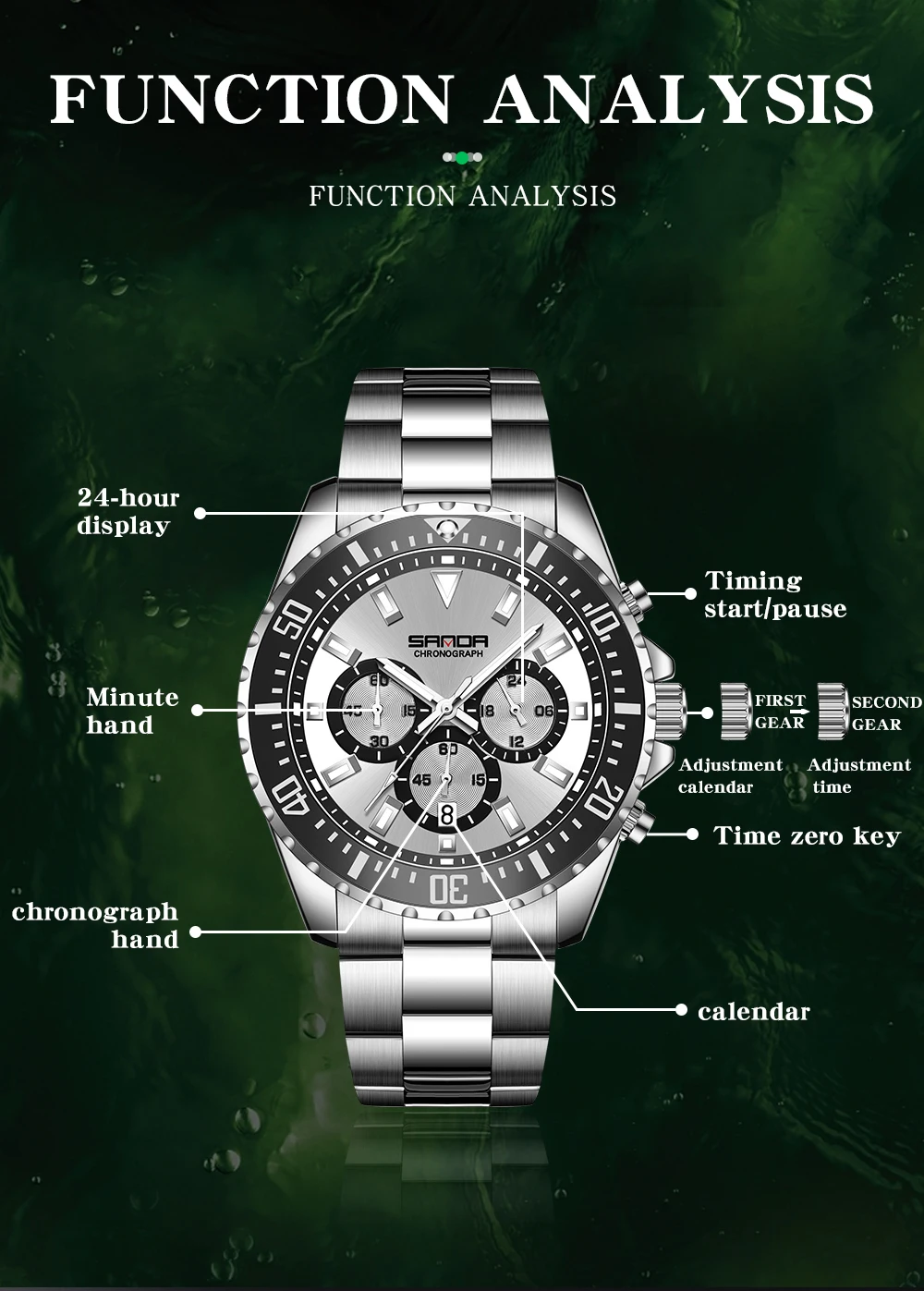 SANDA Luxury Steel Band Calendar Men's Quartz Watch Simple Three Eyes Six Needle Green Water Ghost Fluorescent Men's Watch 5306