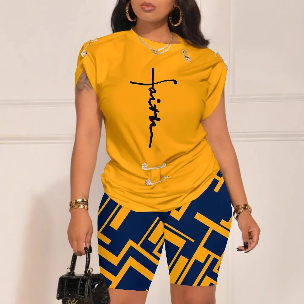 المرأة الترفيه دبوس الطباعة الرقمية مجموعة س الرقبة تي شيرتات قصيرة الاكمام والسراويل 2 قطعة مجموعات الصيف أعلى + بانت قصير 2 قطعة الدعاوى