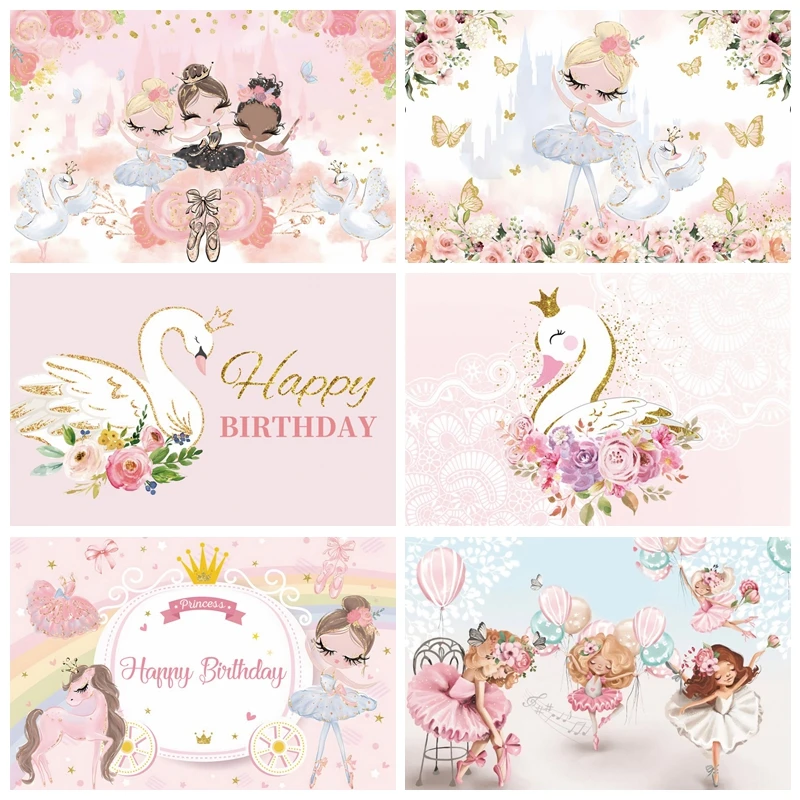 Fondale Fotografico Swan Princess Pink Golden Floral Girls Birthday Party Baby Shower Decor Sfondo Photo Studio Puntelli