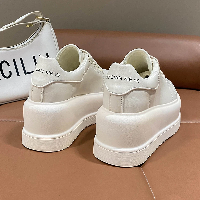 Women Winter Platform Leather Sneakers Warm Plush Cotton Shoes Tennis Lace-up 7.5CM Wedge Heels Chunky Dad Fur Shoes Woman Mujer