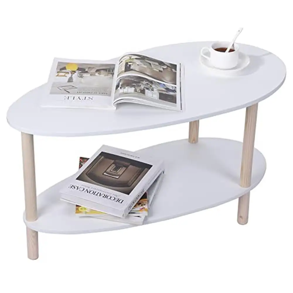 

Modern Oval 2-Tier Coffee Table with Storage and Display Eco-friendly Wood Boho End Table Living Room and Small Sofa Area