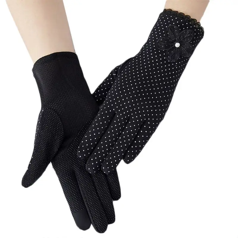 

Women Summer Cotton Lace Cycling Gloves Non-Slip for Touch Screen UV for Sun for Protection Bowknot Floral Decor Breathable