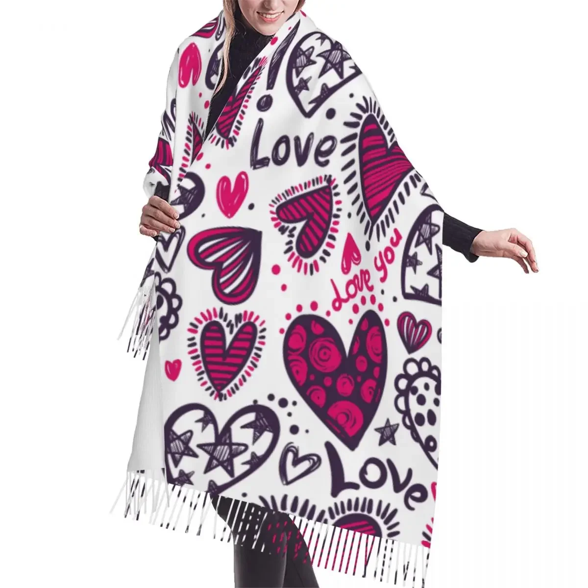 

Winter Tassel Scarf Abstract Love Hearts Stars Women Cashmere Scarves Neck Head Warm Pashmina Lady Shawl Wrap Bandana