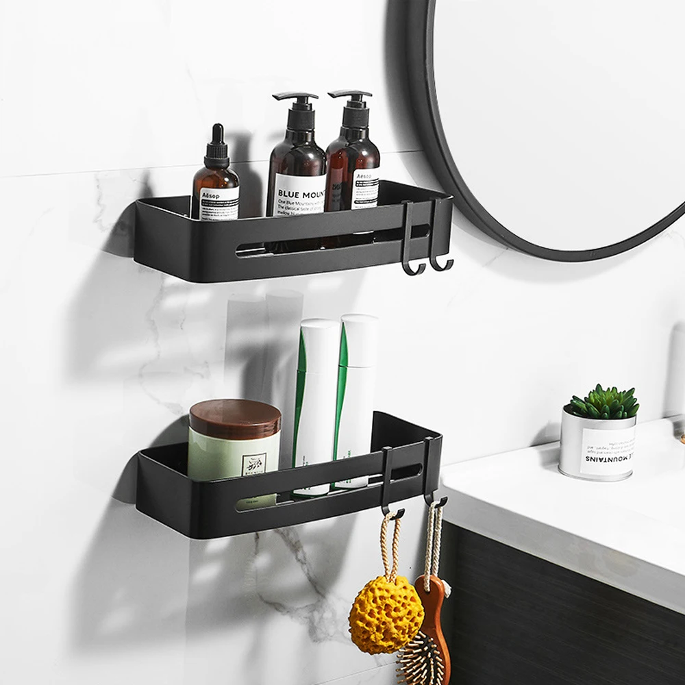 Black Shower Caddy, Metal Shower Shelf Wall Mounted Bathroom Shelves with Hooks, Bathroom Wall Storage Basket, Antirust