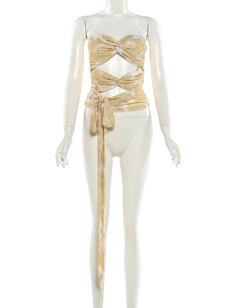 Nibber Floral Print Kink Tank Tops Women Low-Neck Hollow Folds Bandage Tassel Skinny Sexy Midnight Music Festival Streetwear