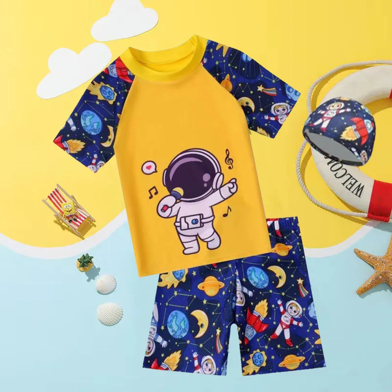 Summer Set Cartoon Print Kids Boys Swimwear Children's Swimsuit Surfing Suit Swimming Clothes For Boy Beachwear with Hat boys swimwear